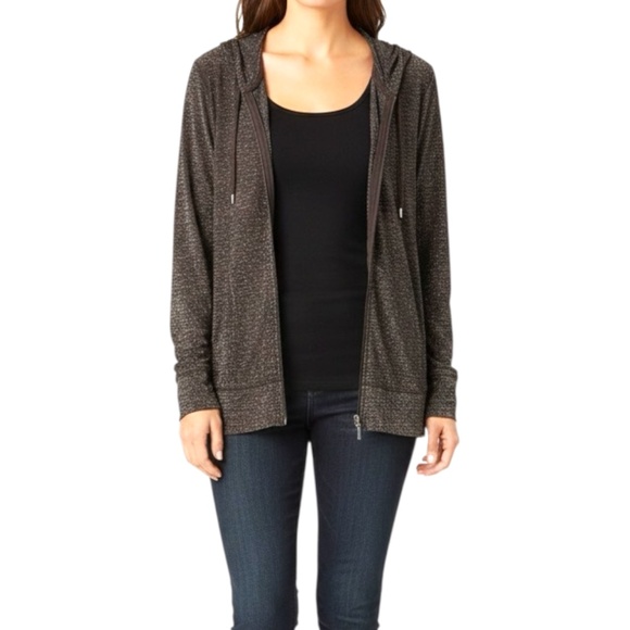 CHICO’S Travellers Brown Metallic Lurex Thread Full Zip Hoodie Long Sleeve Sz L - Picture 1 of 9